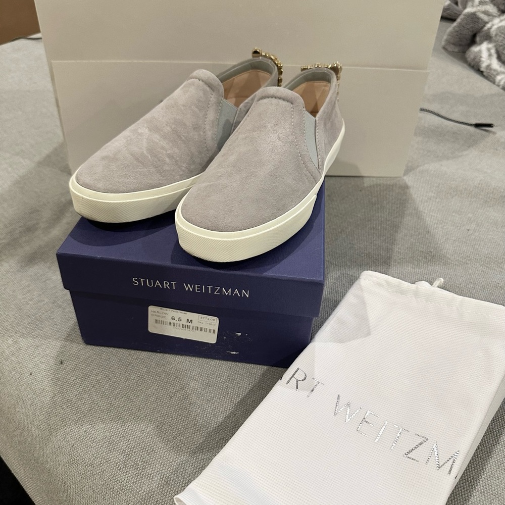 Moving sale. Stuart Weitzman Light Gray Suede Slip-On Sneakers